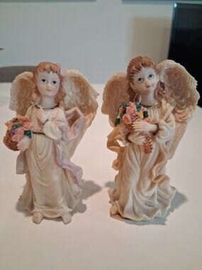 Vintage Resin Angel Figurines Lot Of 2 Guardian Angels With Flowers Basket...